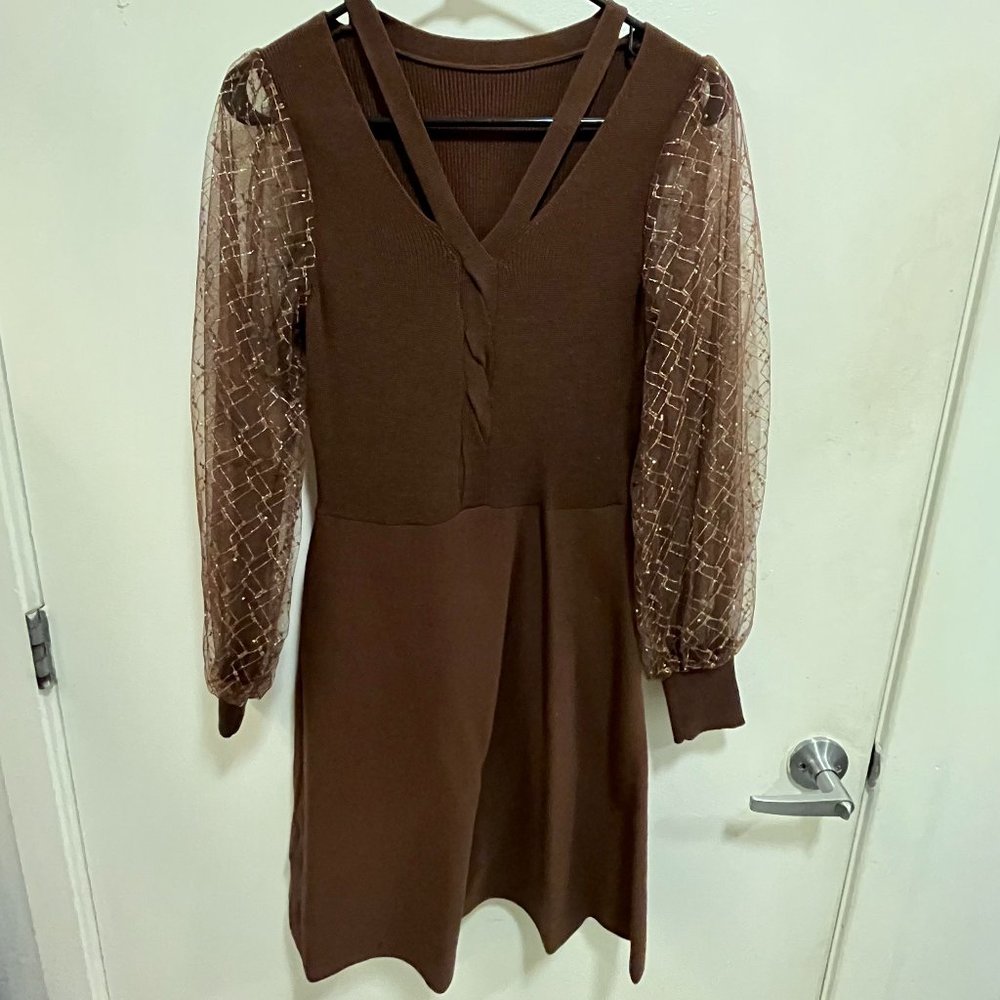 Queenia Unique Brown Dress with Sparkle Golden Sleeves - Small